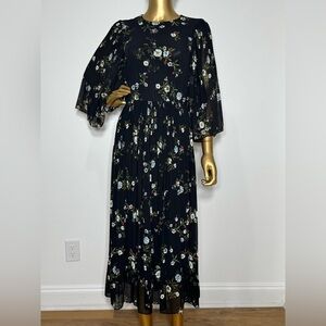 H&M Women’s Pleated Floral Midi Maxi Dress Chiffon Long Sleeve Black ~ Size 6